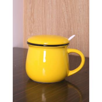 鮮亮黃粉色陶瓷咖啡杯帶無孔蓋勺陶瓷杯創意早餐馬克杯水杯牛奶杯