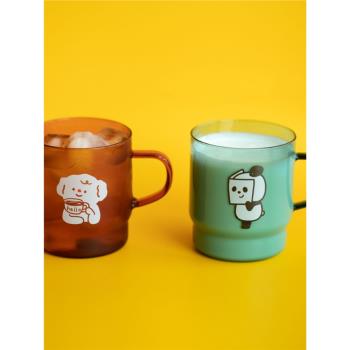 可愛卡通把手玻璃杯手繪熊貓小狗彩色水杯咖啡情侶果汁飲料拿鐵杯