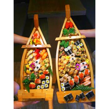 壽司船竹船木船日式刺身裝飾盤網紅海鮮姿造拼盤擺件竹制料理盤子