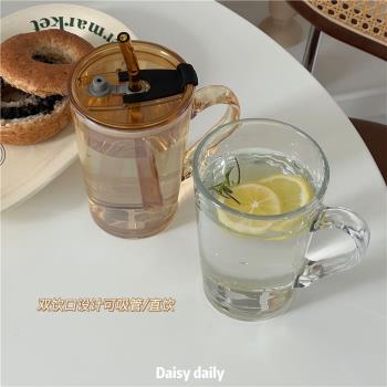 韓式高顏值吸管杯學生杯子家用喝水大容量透明有蓋玻璃水杯
