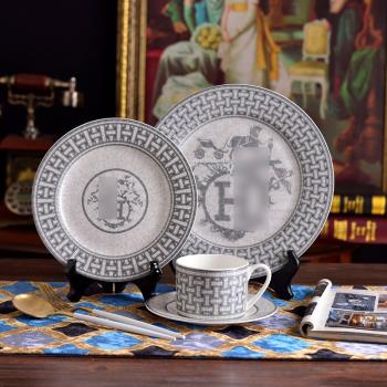 銀色馬賽克盤子杯碟四件套歐式陶瓷西餐盤牛排盤咖啡杯碟馬拉車圖
