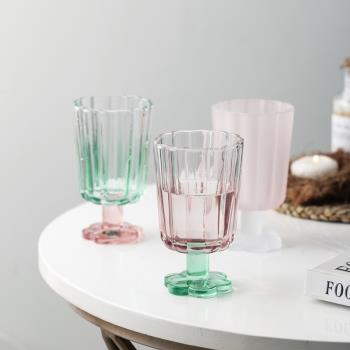 中古彩色玻璃杯家用耐熱喝水杯子創意個性矮腳酒杯花朵高腳杯網紅