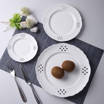 歐式西餐鏤空點心盤 糕點盤圓盤平盤餐盤 浮雕陶瓷水果盤意面盤