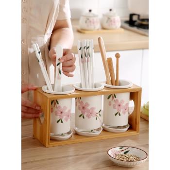 日式家用廚房陶瓷瀝水筷子筒櫻花筷筒餐具收納筒筷桶臺面筷子籠