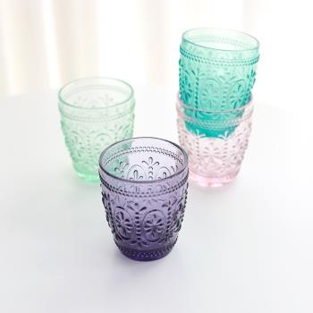 復古浮雕花五彩玻璃杯水杯茶杯冷飲杯 甜品杯果汁杯