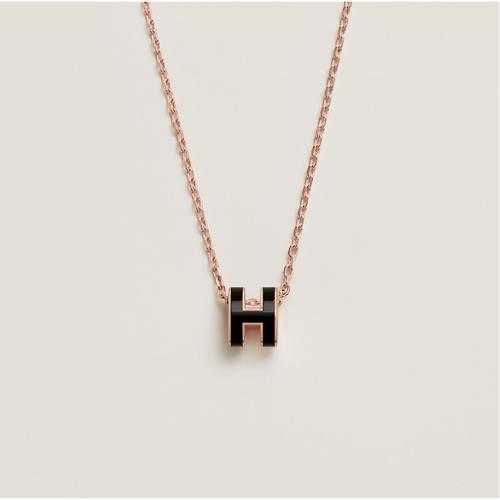 HERMES mini POP H 立體橢圓簍空項鍊 黑色 玫瑰金鍊