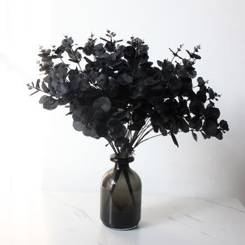 仿真黑色尤加利花玫瑰花創意拍攝道具ins北歐金錢葉假花把束裝飾