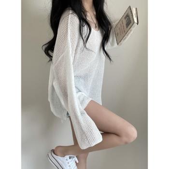 韓國chic夏季新款百搭寬松慵懶風v領上衣防曬罩衫長袖針織毛衣女
