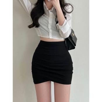 黑色短裙女春秋2024韓版半身裙高腰緊身包臀性感不規則褶皺一步裙