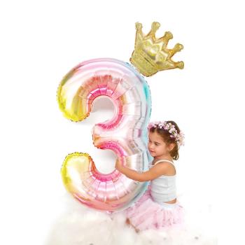 ins40寸皇冠數字套裝漸變鋁箔氣球寶寶周歲生日派對裝飾氣球套餐