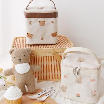 ins風嬰兒食品保溫袋媽咪包刺繡小熊兒童便當包手提野餐包飯盒袋