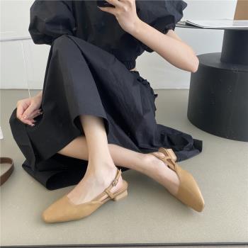包頭涼鞋女夏仙女風2022年韓版復古方頭溫柔晚風氣質淑女粗跟單鞋