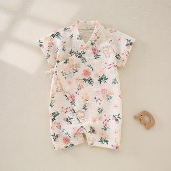 嬰幼兒連體衣夏季薄款純棉縐紗布短袖和尚服爬服寶寶哈衣睡衣和服