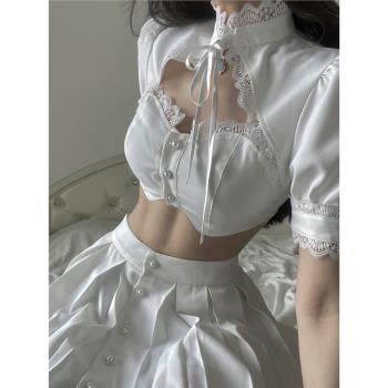夏裝搭配一整套純欲甜美小眾復古套裝白色蕾絲上衣高腰半身裙女