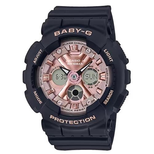 【CASIO 卡西歐】 BABY-G 雙顯手錶 黑x玫瑰金 BA-130-1A4 _51.2mm