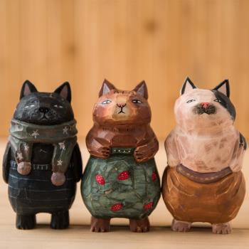 創意手工個性造型小貓木雕工藝品桌面擺件潮酷貓咪公仔生日禮物
