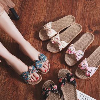 亞麻拖鞋女夏季居家居室內辦公室地板家用可愛防滑厚底外穿涼拖鞋