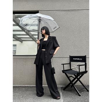 PAPERLLL辛間西裝套裝三件套翻邊裹胸小眾短袖西裝女夏拖地西裝褲