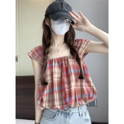 紅色格子方領無袖襯衫女夏季設計感小眾法式短款娃娃衫小飛袖上衣