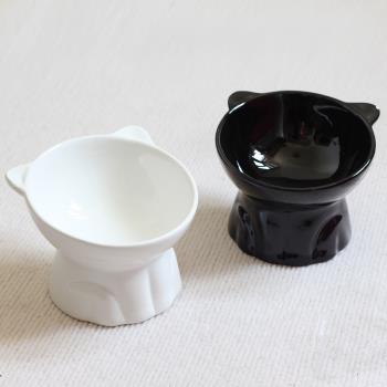 黑色貓碗水碗陶瓷食盆飯碗貓咪斜口貓糧盆流浪貓木架高腳碗雙碗幼