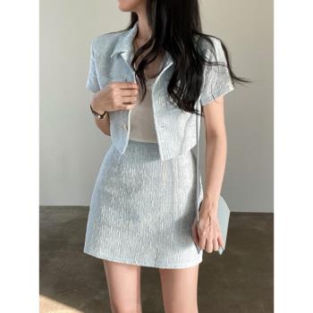 韓國chic夏季新款小香風上衣+氣質包臀高腰短裙粗紡時尚套裝女