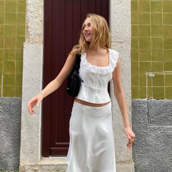 法式蕾絲花邊白色背心+低腰魚尾半身裙兩件套2023夏季新款套裝 仙