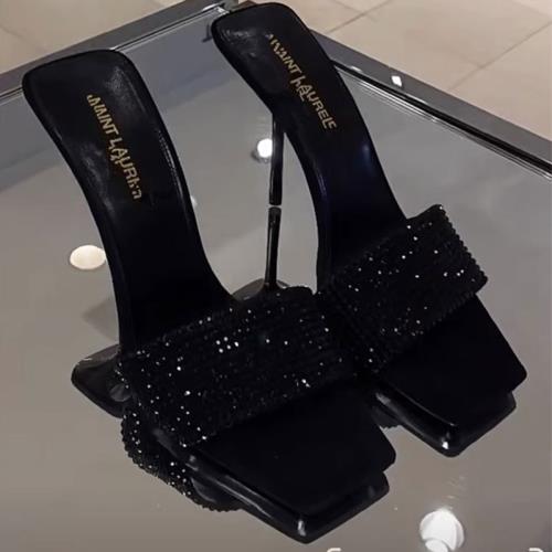 2025年夏季新款楊樹林同款方頭黑色水鉆一字帶涼鞋細跟高跟涼拖女