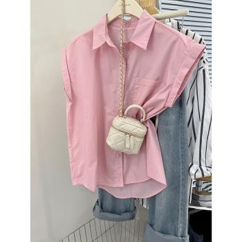 粉色短袖襯衫女法式上衣夏季2023新款設計感小飛袖無袖寬松襯衣女