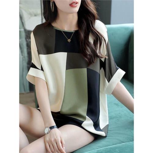 歐洲站夏季圓領印花洋氣時尚蝙蝠短袖雪紡衫氣質寬松顯瘦T恤上衣