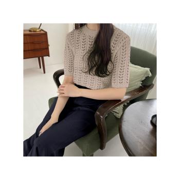 GRL夏季新款2023日系甜美純色圓領短袖鏤空短款針織上衣