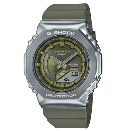 【CASIO 卡西歐】G-SHOCK 八角金屬殼雙顯手錶 銀/綠GM-S2100-3A_40.4mm