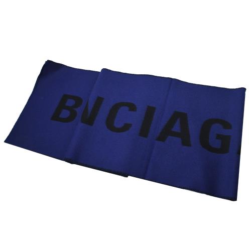 BALENCIAGA 巴黎世家 530047 品牌LOGO撞色羊毛長圍巾.深藍/黑
