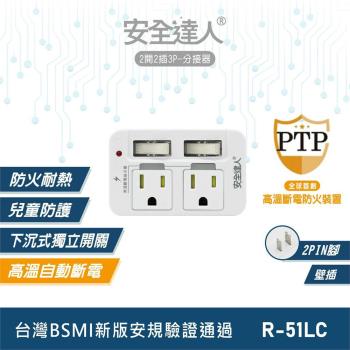 安全達人 2開2插3P分接器/壁插 R-51LC