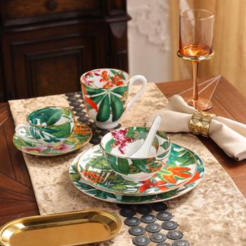 熱帶雨林系列餐盤碗勺子杯子歐式陶瓷酒店會所4件套裝骨瓷