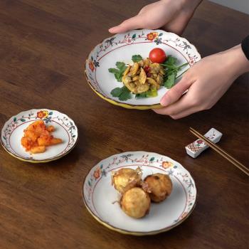 美濃燒日本進口復古黃彩梅小花碟子菜盤家用冷菜盤子點心盤餃子盤