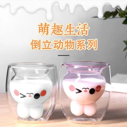 可愛少女粉紅兔兔杯子透明雙層玻璃杯隔熱防燙卡通創意果汁牛奶杯