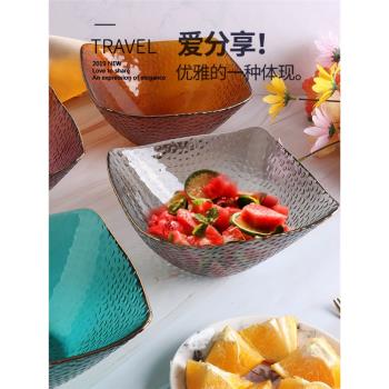 北歐風金邊四方斗笠玻璃沙拉碗日式彩色錘紋蔬菜水果碗餐盤火鍋碗