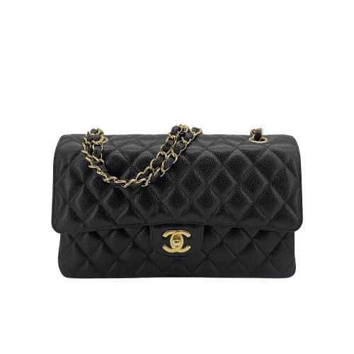 Chanel 經典雙C菱格牛皮金鍊翻蓋coco斜背包-25cm(A01112-黑)