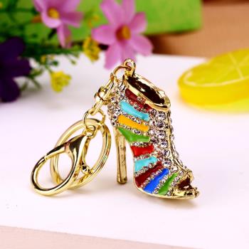 韓國創意可愛精致水晶高跟鞋汽車鑰匙扣女包掛件金屬鑰匙鏈圈掛飾