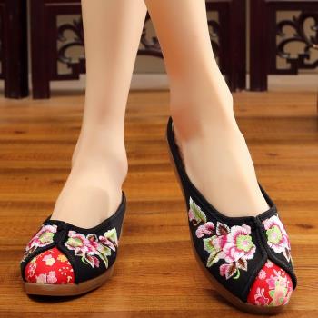 拖鞋包頭半拖居家牛筋外穿中國風復古老北京帆布繡花鞋低跟女單鞋