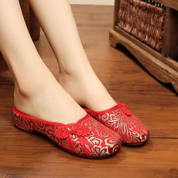 夏季紅色涼拖中式美女老北京布鞋