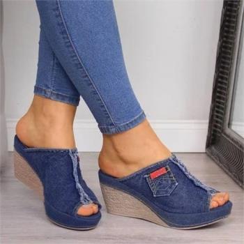 Summer Ladies Wedge Sandals Women Open-Toe Shoes Jeans 拖鞋