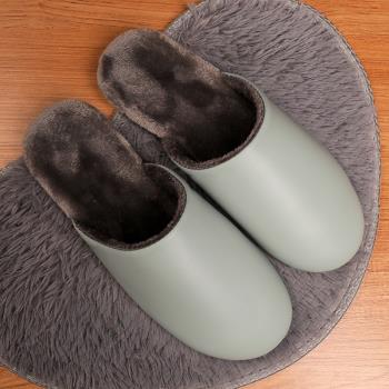 日式手工加絨家居室內防滑秋冬季女家用地板軟底PU皮靜音棉拖鞋