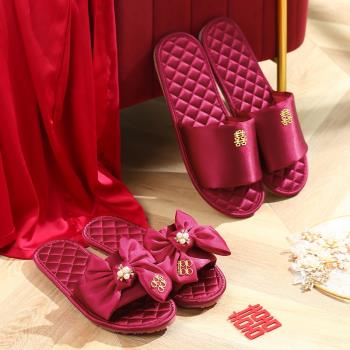 綢緞高級感紅色拖鞋結婚一對喜慶夏季歐式情侶新婚晨袍拖鞋春秋