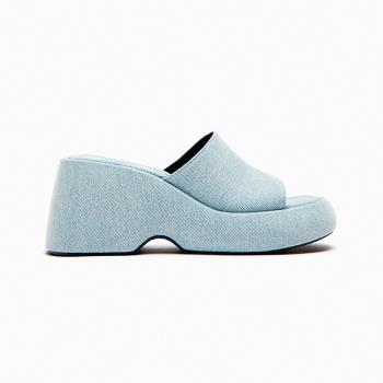 ZA女鞋2024夏季新款藍色牛仔坡跟涼鞋厚底高跟防水臺松糕底涼拖鞋
