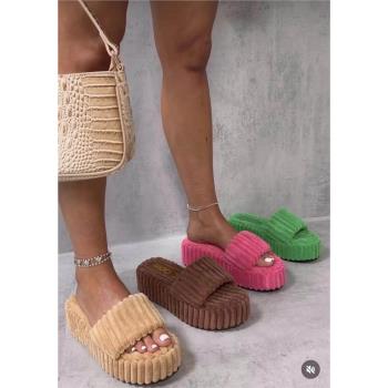 大碼厚底外穿毛毛拖鞋fur women wedge slippers summer sandals