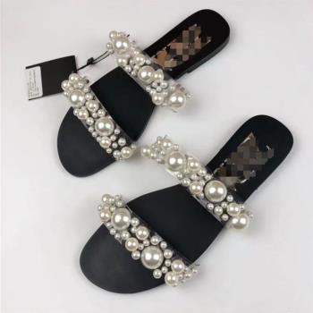 2021夏季珍珠鑲飾透明涼拖鞋女Flat Sandals Slippers For Ladies