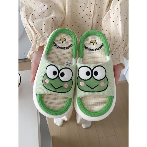 細細條 三麗鷗可愛大眼蛙亞麻拖鞋女四季通用踩屎感厚底居家鞋ins