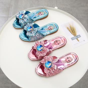 愛莎公主夏季時尚兒童水晶拖鞋