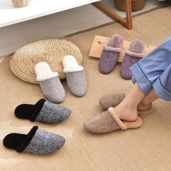 日式麻布棉拖鞋女士可愛秋冬季毛絨家居家用保暖簡約臥室毛絨軟底